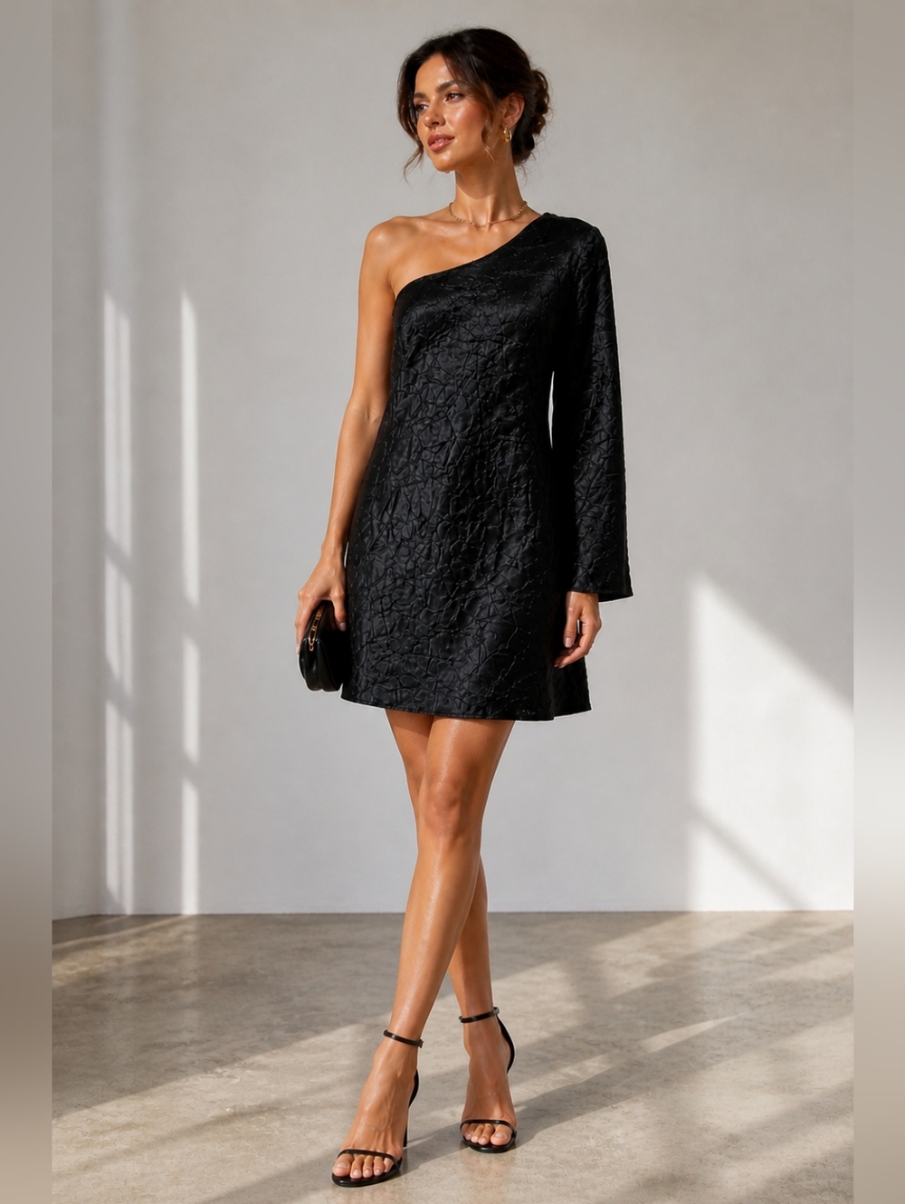 Third Form x Free People Black Crinkle Satin One Shoulder Mini Dress Party US 8